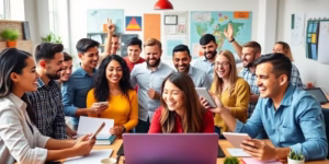 Diverse entrepreneurs collaborating in a vibrant startup workspace.