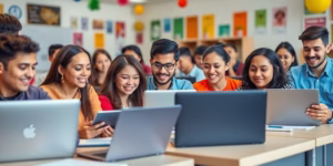 Diverse students engaged in online learning in a classroom.