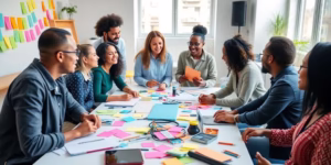 Diverse group brainstorming creative ideas together in a bright room.