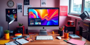 Modern workspace with design tools and computer setup.