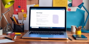 Laptop on desk with colorful design elements around it.