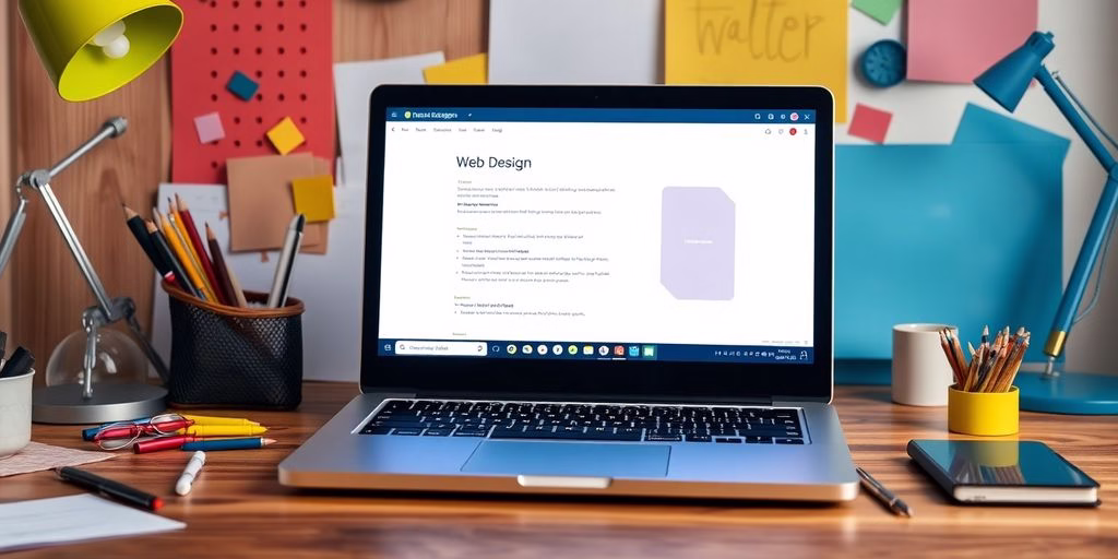 Laptop on desk with colorful design elements around it.
