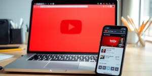 Laptop and smartphone displaying YouTube business accounts.