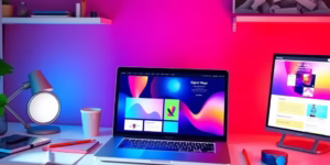 A bright workspace with design tools and mockups.