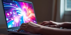 Creative content creator working on a laptop with vibrant ideas.