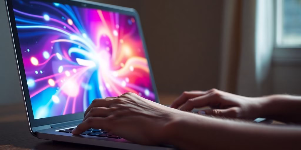 Creative content creator working on a laptop with vibrant ideas.