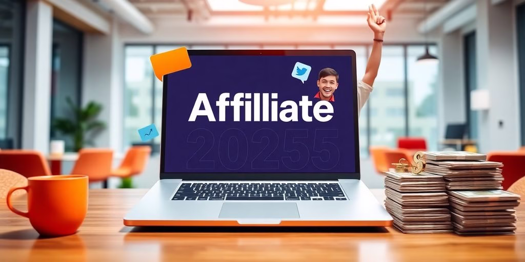 Laptop with affiliate marketing icons and cash in office.
