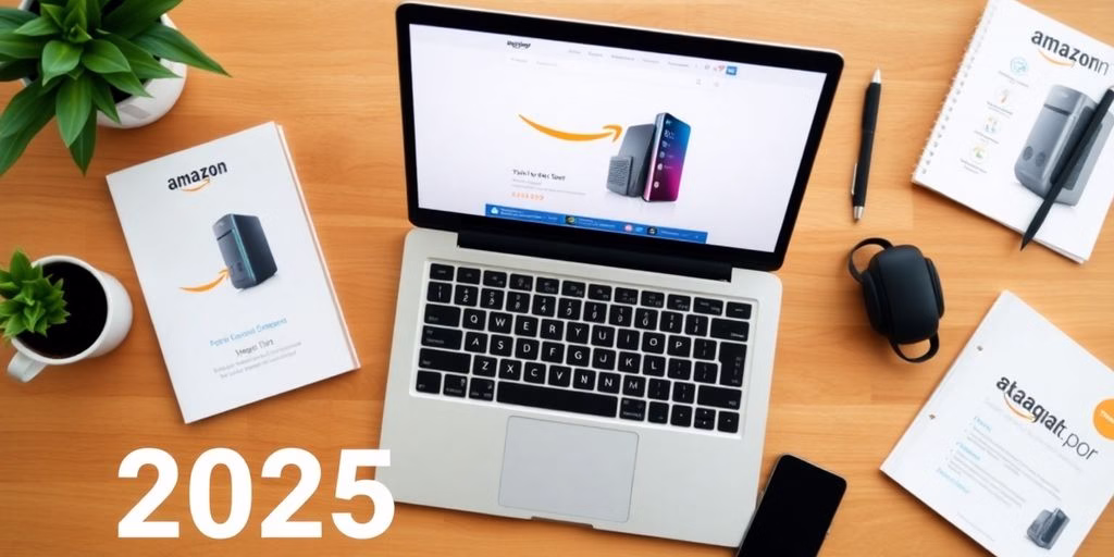 Flat lay of a laptop and Amazon products on a desk.