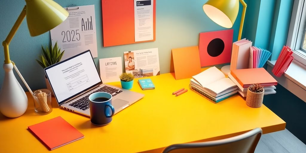 A laptop and coffee in a vibrant workspace setup.