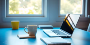 A workspace with a laptop, coffee, and notepad.