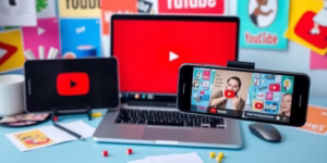 Creative workspace for YouTube business content creation.