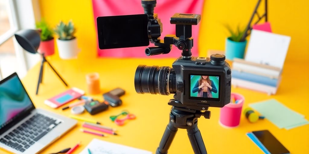 Camera and laptop set up for business video creation.