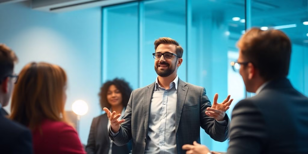 Confident presenter engaging audience in modern office setting.