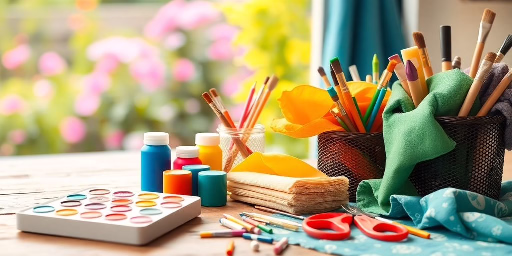 Colorful arts and crafts supplies on a wooden table.