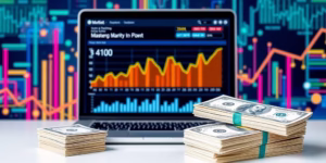 Laptop with money and digital marketing elements.