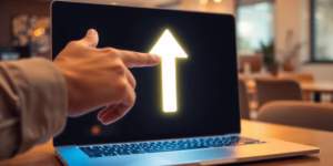 Glowing upward arrow on a laptop screen.