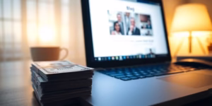 Laptop, money, and blog.