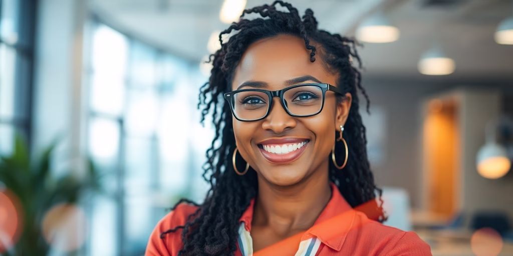 Small business owner smiling with vibrant digital marketing.