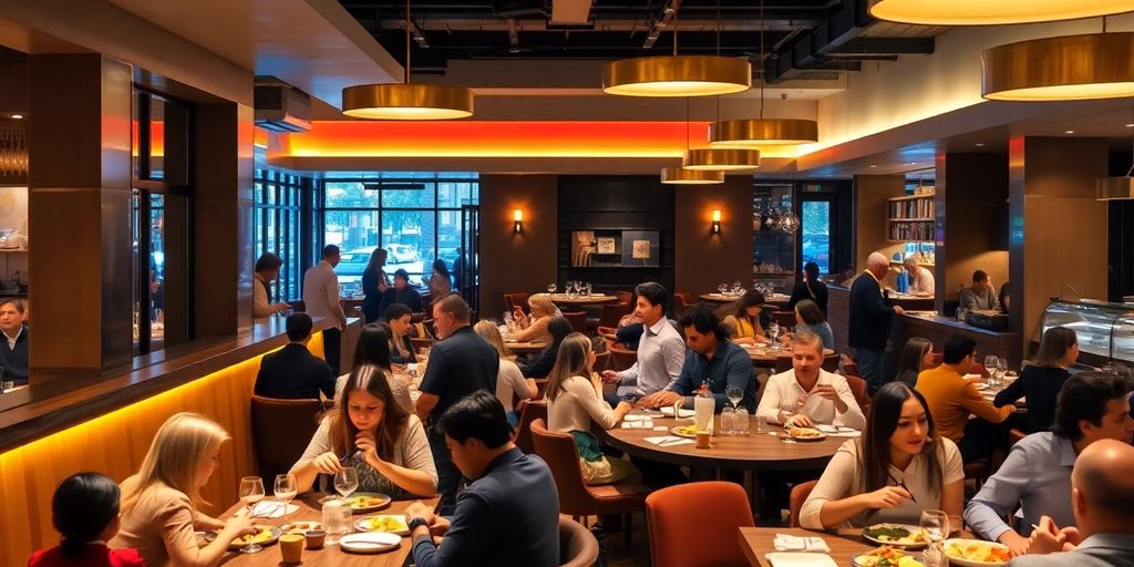 Vibrant restaurant dining area, soft lighting