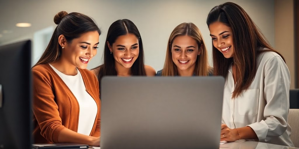 Four people collaborating around a laptop.