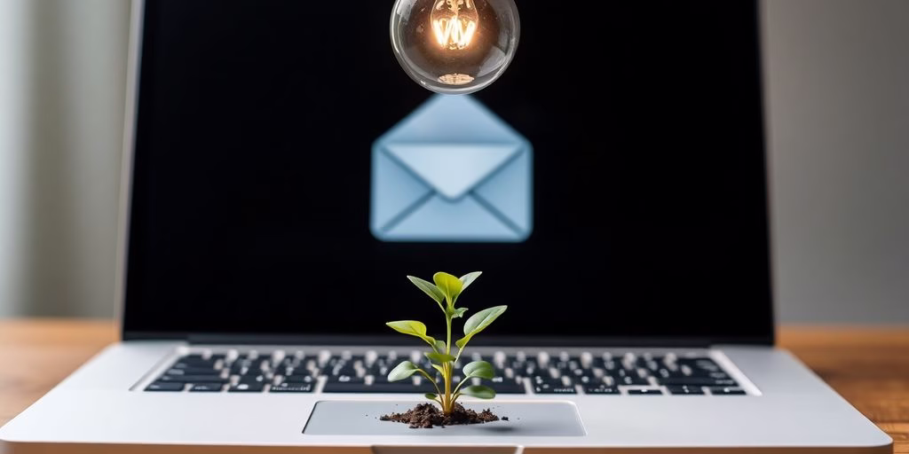 Laptop with email icon, lightbulb, and growing plant.