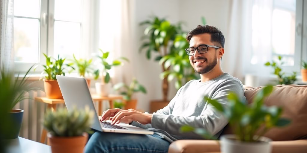 Person smiling, working on laptop at home