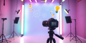 Bright tubes, camera, creative ideas, happy creator.