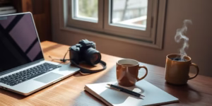 Table with laptop, camera, notebook, and coffee mug.