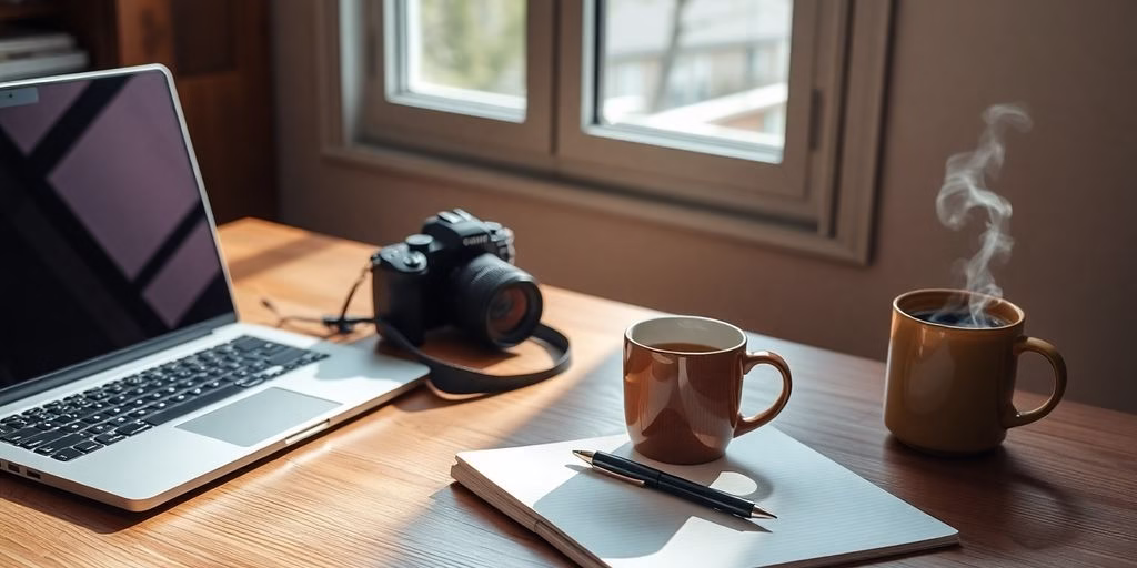 Table with laptop, camera, notebook, and coffee mug.