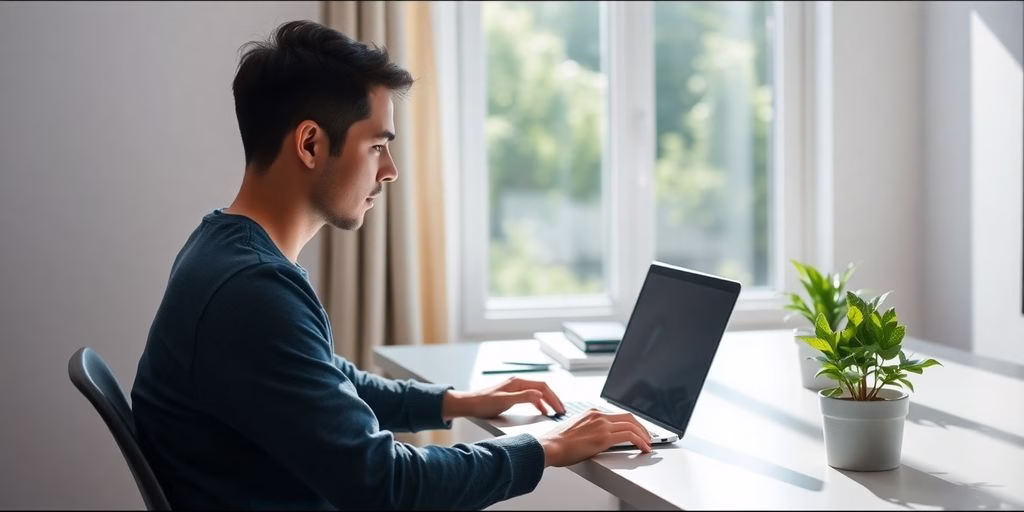 Young adult working on laptop at modern desk.