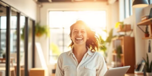 Small business owner smiling, digital growth