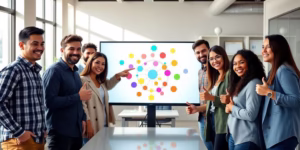 Startup team celebrates OKR software success.