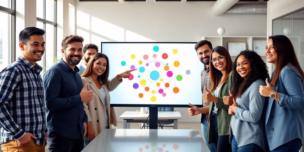 Startup team celebrates OKR software success.