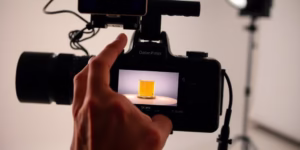 Entrepreneur filming product with professional camera setup.