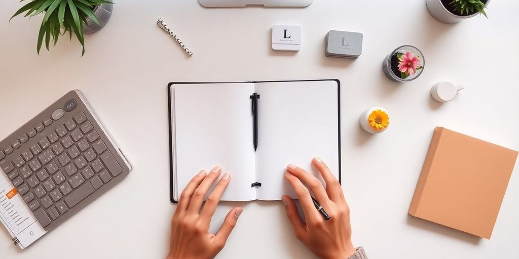 A person organizing a neat, bright workspace.