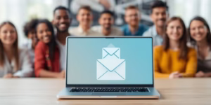 Mail icon, computer, and diverse people smiling