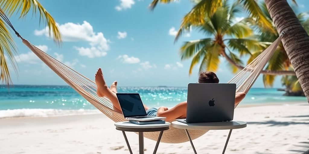 Person relaxing on beach, laptop nearby.