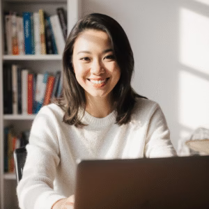 a woman teaching an online course via laptop