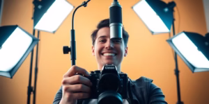 Person filming video, camera, lights, microphone, studio setup.