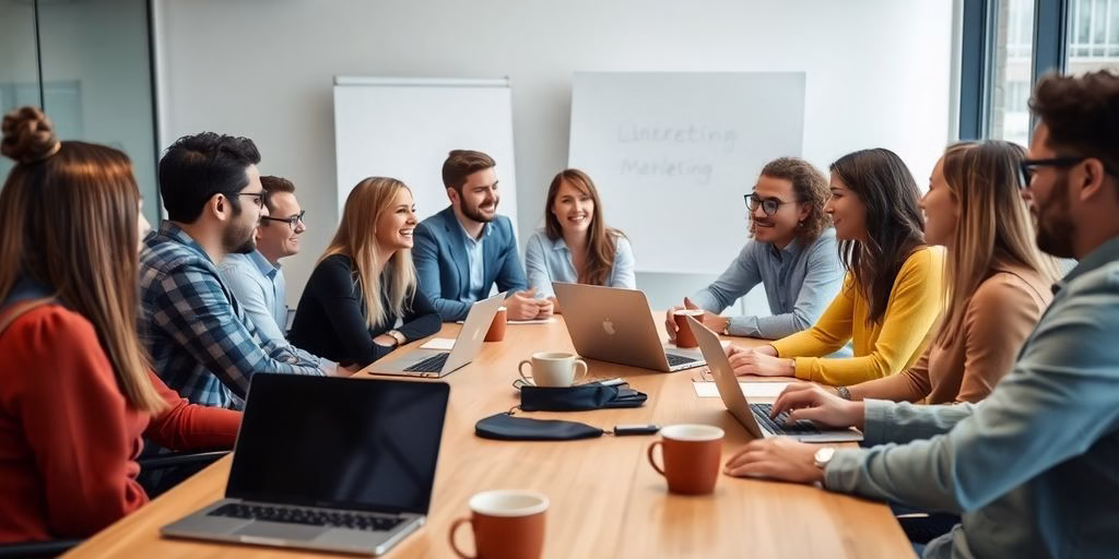 Local marketing agency team collaborating around a table.