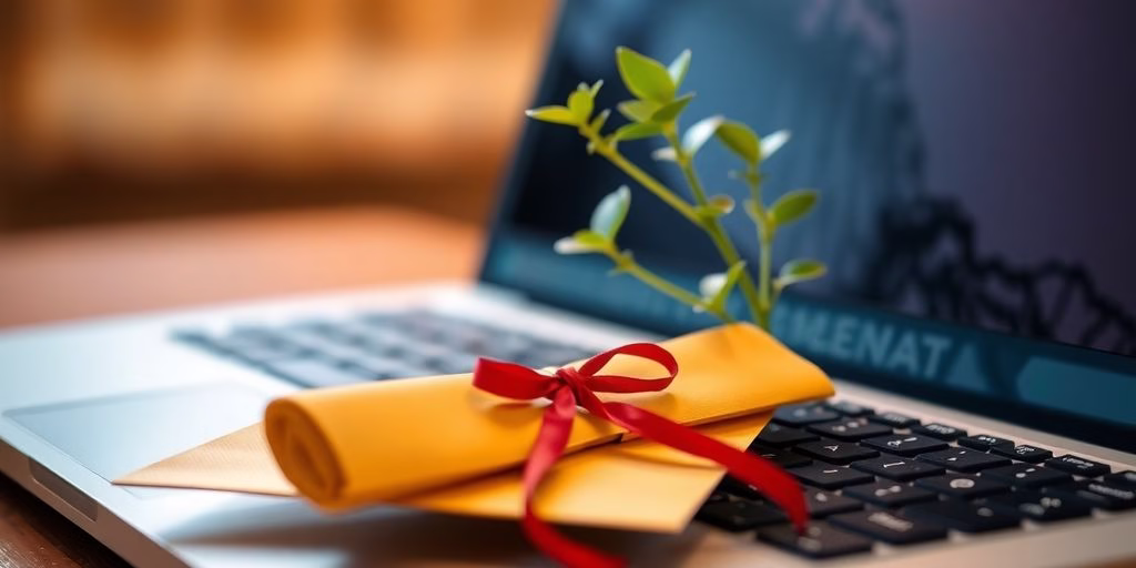 Laptop with certificate and growth icon