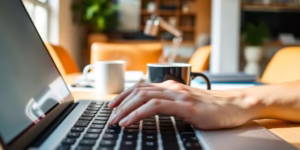 Laptop, coffee, hands typing, desk