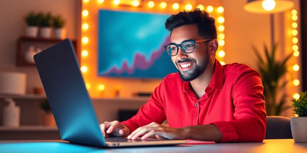 Laptop, small business owner smiling, successful online growth.