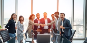 Diverse entrepreneurs shaking hands in sunlit office with city view.