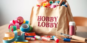 Craft supplies overflowing, vibrant, artistic
