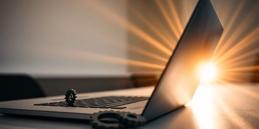 Laptop, gears, and light beams.
