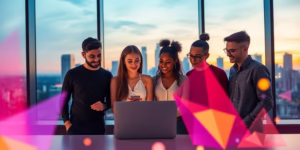 Laptop, diverse team, city skyline, bright branding elements.