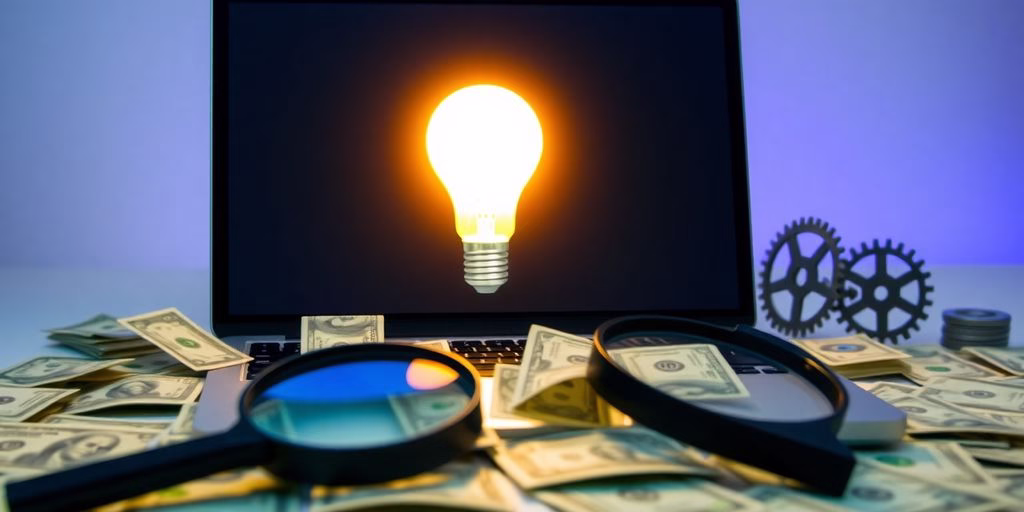 Laptop, money, magnifying glass, gears, lightbulb.