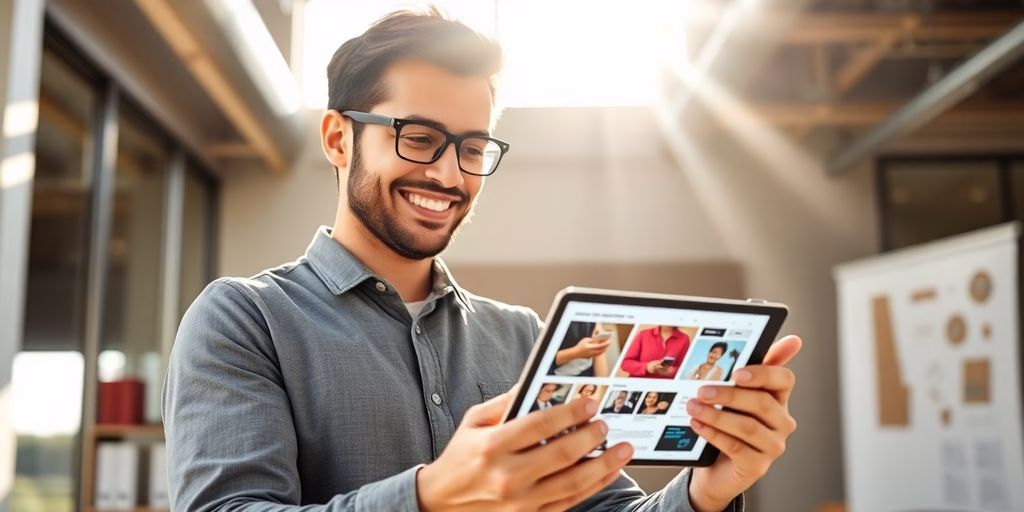 Small business owner reviewing digital marketing package options.