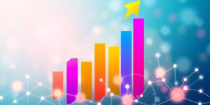 Business growth, upward arrow, digital marketing elements.
